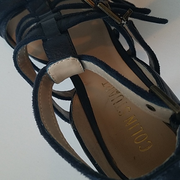 Colin Stuart Navy Strappy Navy Genuine Leatber Wood Block 4" Heel 6 - Picture 8 of 8